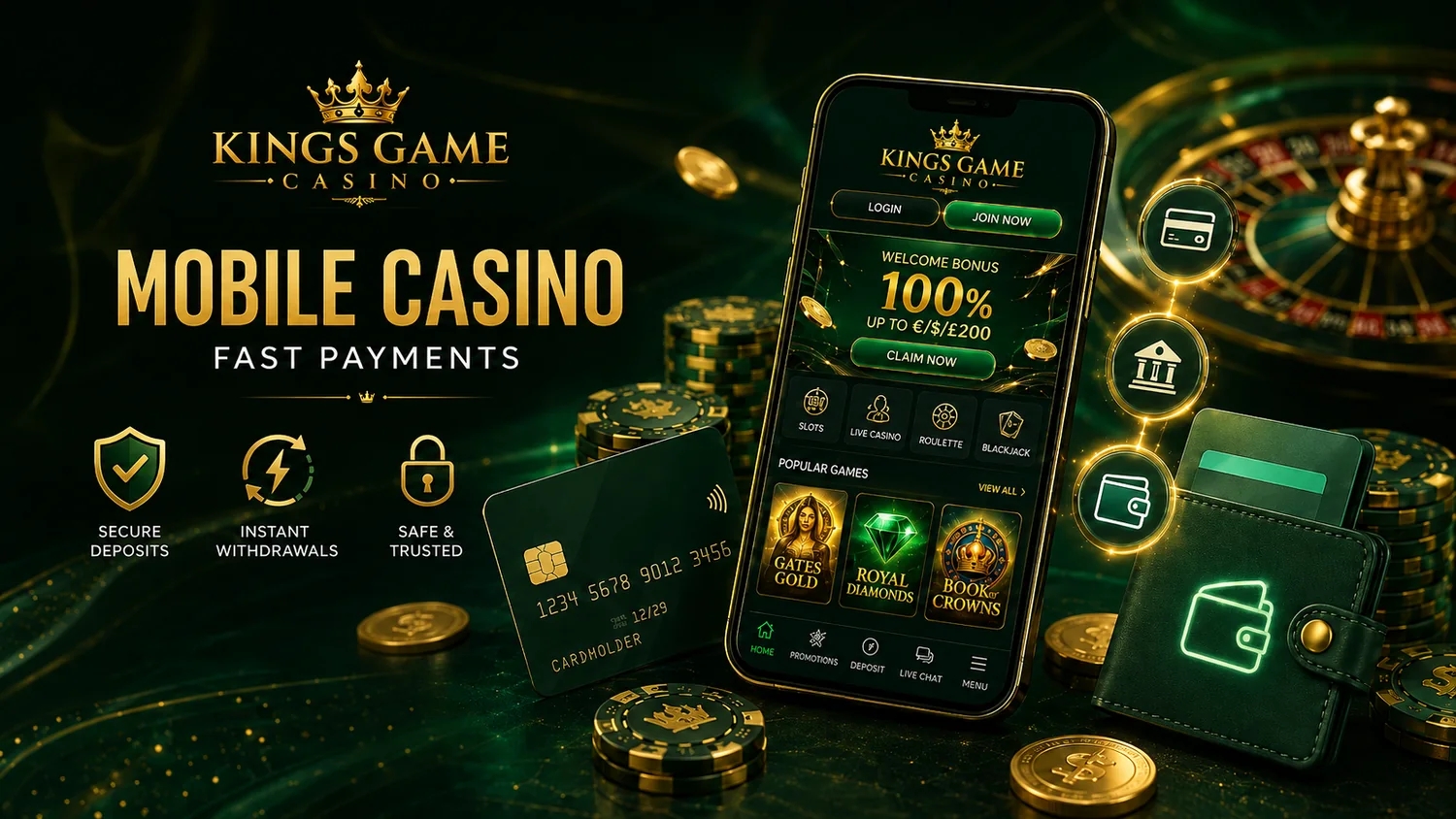 Kings Game Casino mobile Oberfläche mit Slots, Login und Zahlungsbereich